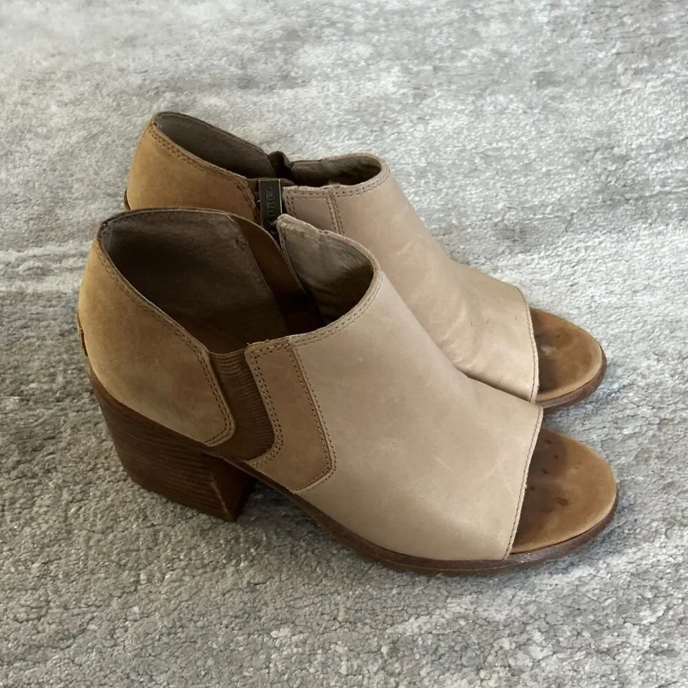 Sorel Nadia Ankle Booties Womens 7 Stacked Block Heel Peep Toe Leather Beige